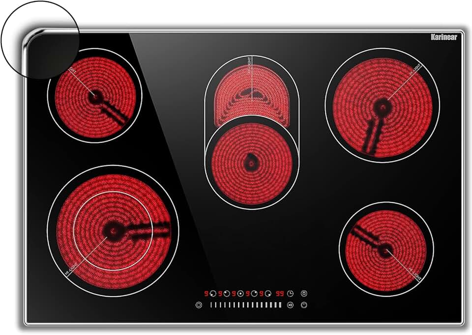 Karinear Electric Cooktop 30 Inch, 8400w 5 Burners Electric Stove Top, Countertop & Built-in Ceramic Cooktop with Glass Protection Metal Frame, Multifunctional Cooktop for 220-240v, Hard Wire, No Plug