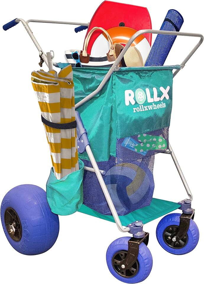 RollX Beach Cart with 4 Balloon Wheels for Sand, Foldable Storage Wagon with Rear 13 Inch Beach Tires, Front 7 Inch Beach Tires (Pump Included) (Seafoam)