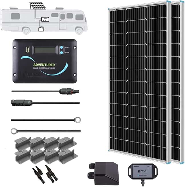 Renogy 200 Watts 12 Volts Monocrystalline RV Solar Panel Kit with Adventurer 30A LCD PWM Charge Controller and Mounting Brackets for RV, Boats, Trailer, Camper, Marine, Off-Grid Solar Power System