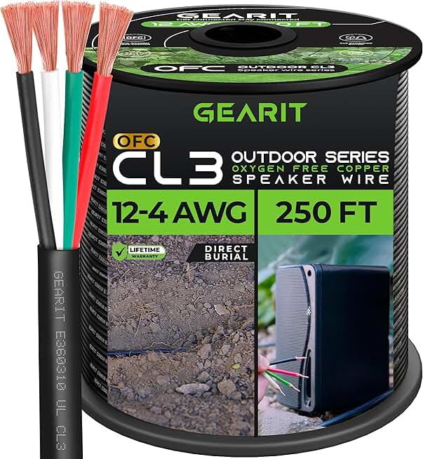 GearIT 12/4 Speaker Wire (250 Feet) 12AWG Gauge, Black 4-Conductors/Outdoor Direct Burial in Ground/in Wall / CL3 CL2 Rated - OFC Oxygen-Free Copper, Black 250ft