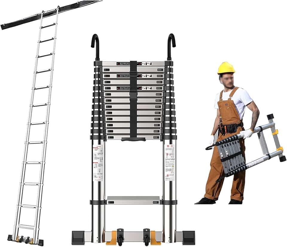 Extendable Ladders Extension Ladder with Removable Hooks and Stabilizer Bar, 5m/4m/3m/2m Aluminium Loft Multipurpose Telescopic Ladders, for Outdoor Indoor Use (Color : Silver, Siz