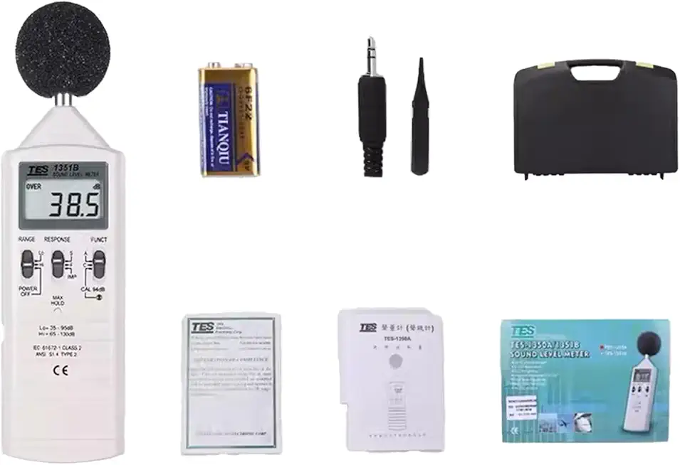 TES-1351B Sound Level Meter Noise Meter Range from 35 to 130dB TES1351B | 0.1dB Resolution | Dynamic Range 65dB | A & C Frequency Weightings | Maximum Hold Function | AC/DC Output Jack TES 1351B