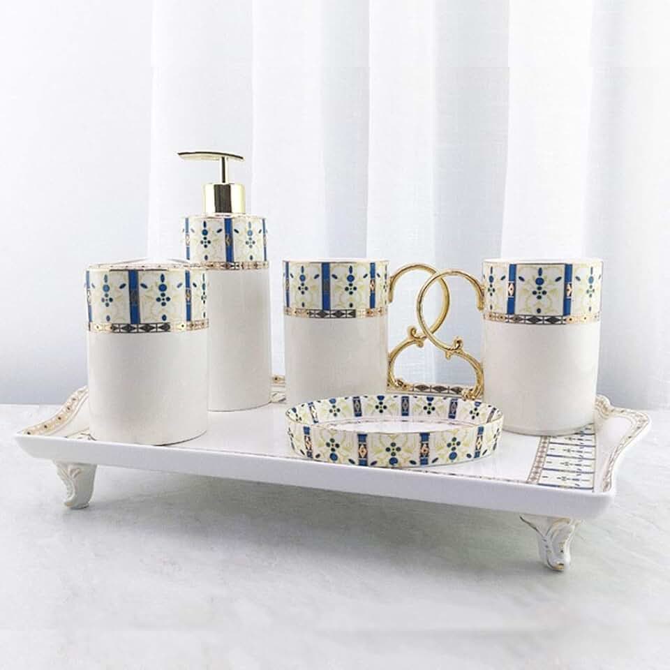 Automatic soap Dispenser Ceramic Bathroom Set, Liquid Soap or Lotion Dispenser Pump Toothbrush Holder Tumbler and Soap Dish 6-Piece Set Ideas Home Gift Home, Bathroom, etc. (Color : D)