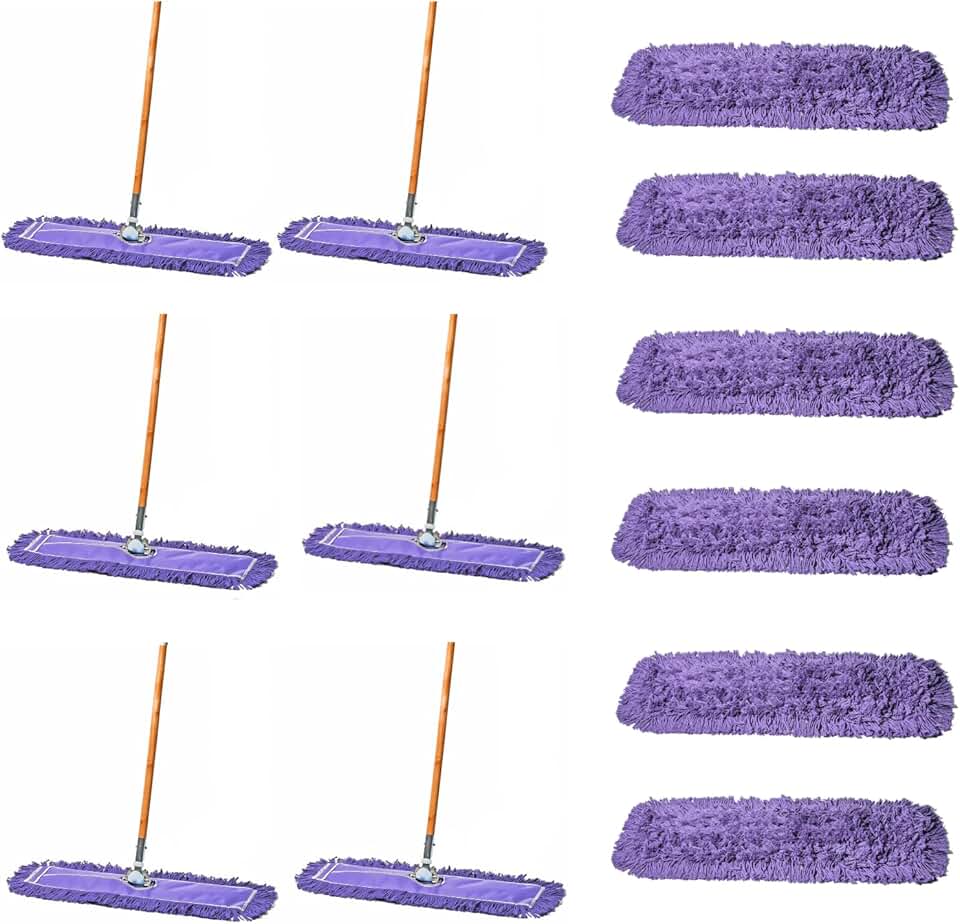 24 Inch Purple Dust Mop with Wood Handle and 24 Inch Purple Dust Mop Refill Bundle - 6 Mop Sets and 6 Refills