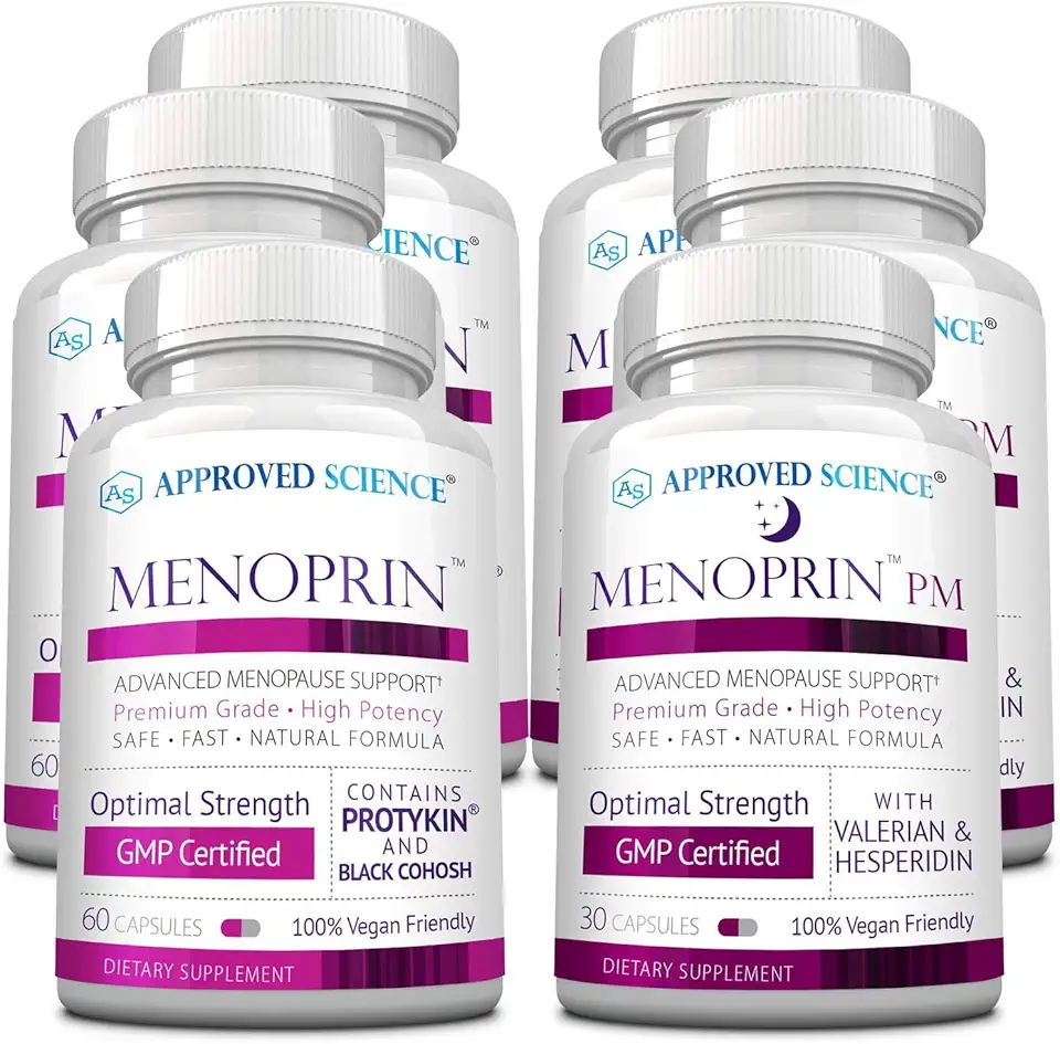 Approved Science Menoprin - Menopause Support - Protykin, Black Cohosh - 3 Bottles Menoprin Day + 3 Bottles Menoprin PM - Vegan