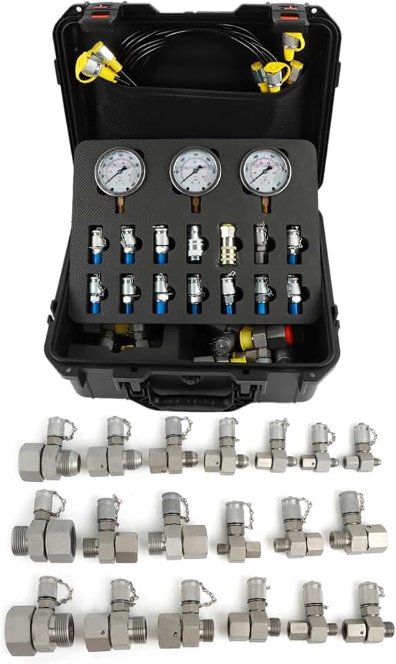 Hydraulic Pressure Test Coupling Kit, JIC BSPP ORFS Hydraulic Swivel Run Tees Set Repair Tools for Most Excavator Construction Machinery 3 Gauges 4 Test Hoses 14 Couplings 19 Tee Connectors
