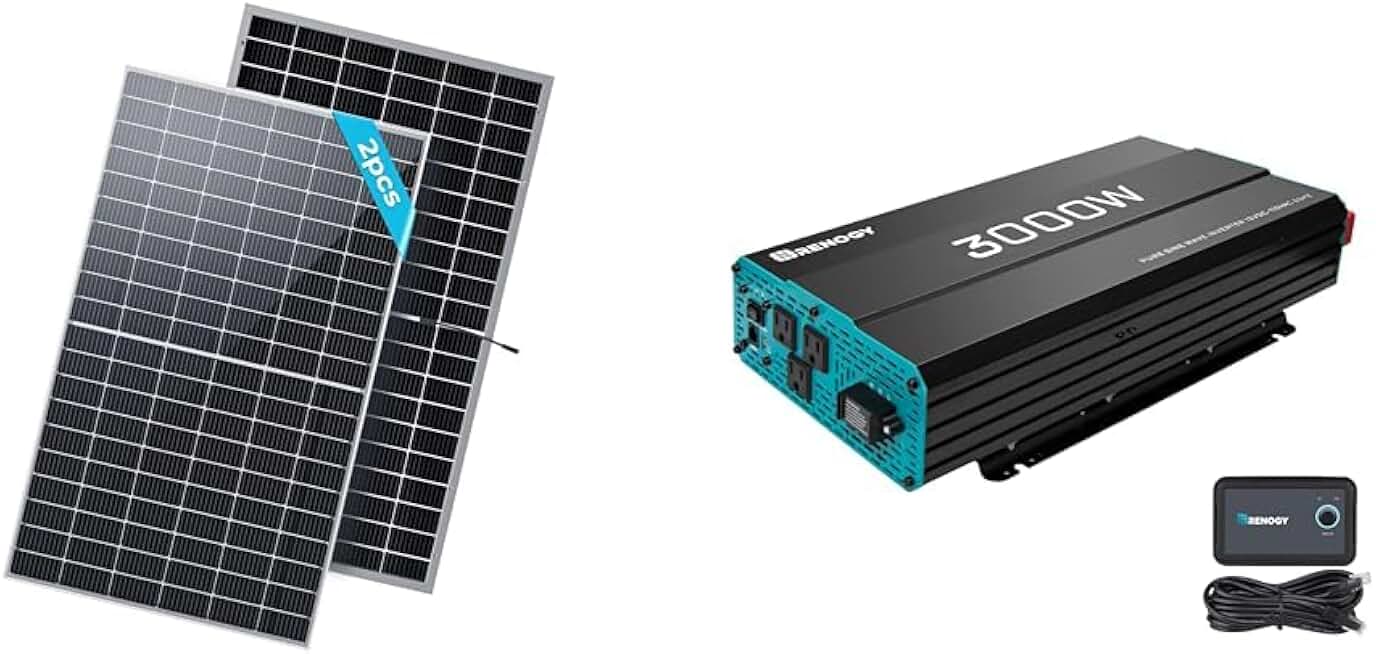 Renogy Bifacial 2pcs 450 Watt Solar Panels 12/24 Volt Monocrystalline & 3000W Pure Sine Wave Inverter 12V DC to 120V AC Converter for Home, RV, Truck, Off-Grid Solar Power Inverter