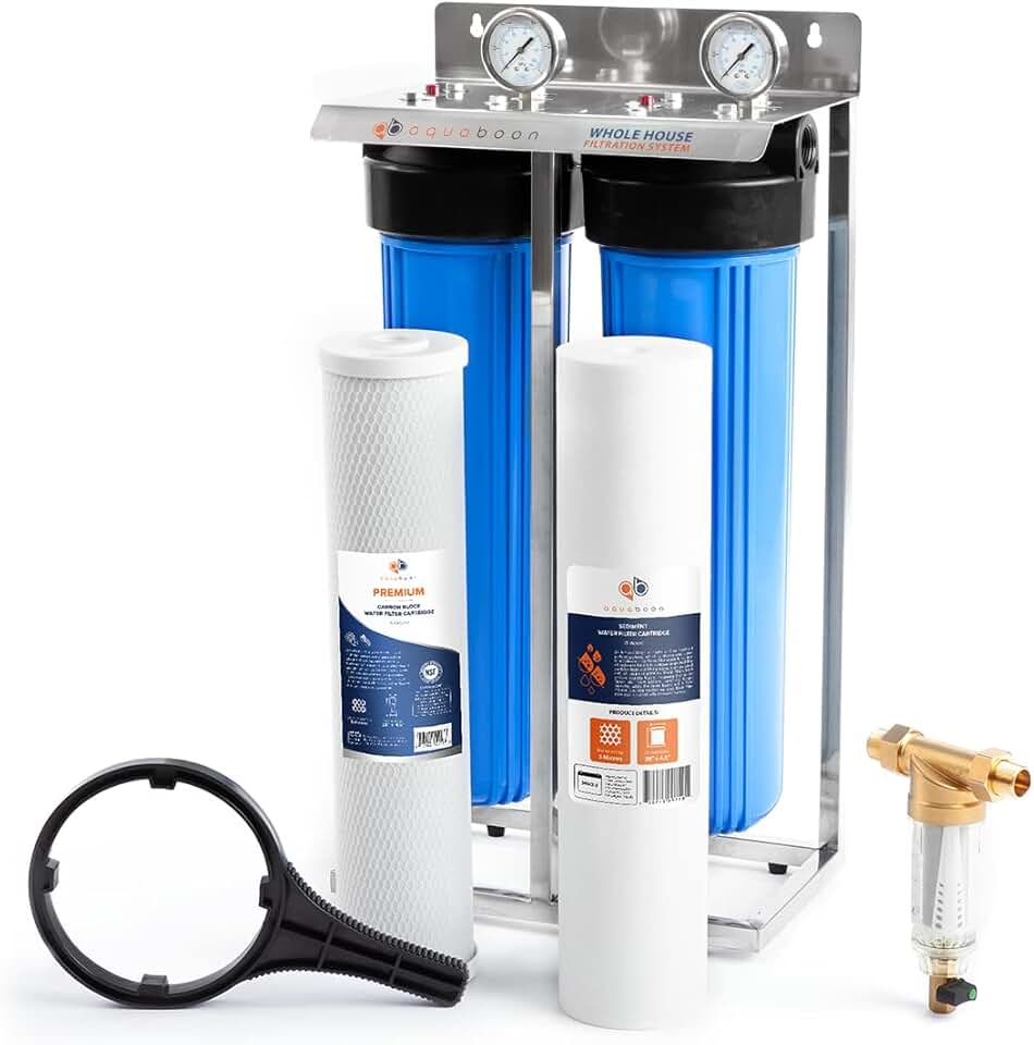 Aquaboon 2-Stage Water Filter System for Well Water, 20x4.5 Whole House Water Filter Housing, 5 Micron Sediment & Carbon Filters w/Wrench, Steel Frame