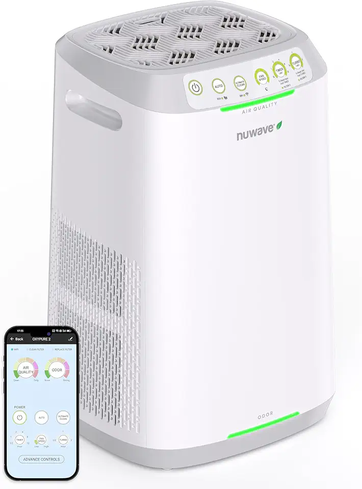 Nuwave OxyPure ZERO Air Purifiers for Home Large Room Bedroom Up to 966ft², 20Yr Washable Bio Guard Filter, Air Quality and Odor Sensor, Smart WiFi, 17dB, 100% Removes Particles 3x Smaller Than HEPA