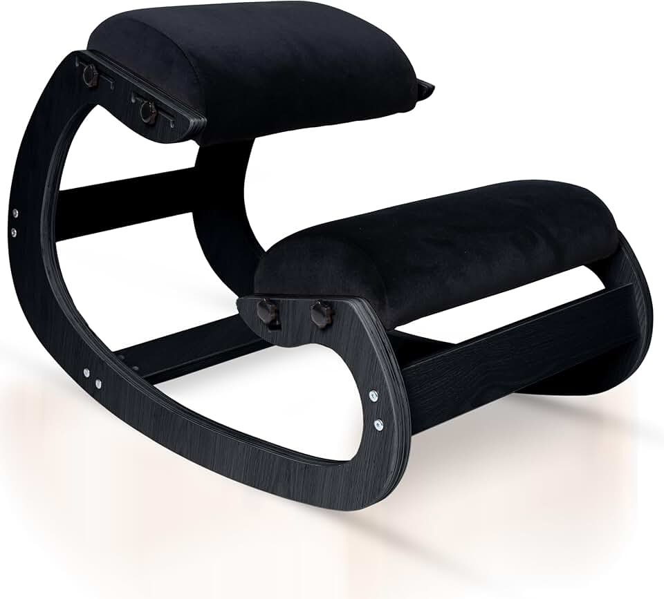 Ergonomic Kneeling Chair, Adjustable Seat - Office Chair for Desk, Posture Corrector, Premium Comfort Cushion, Wooden Rocking Knee Chair (Black Frame)