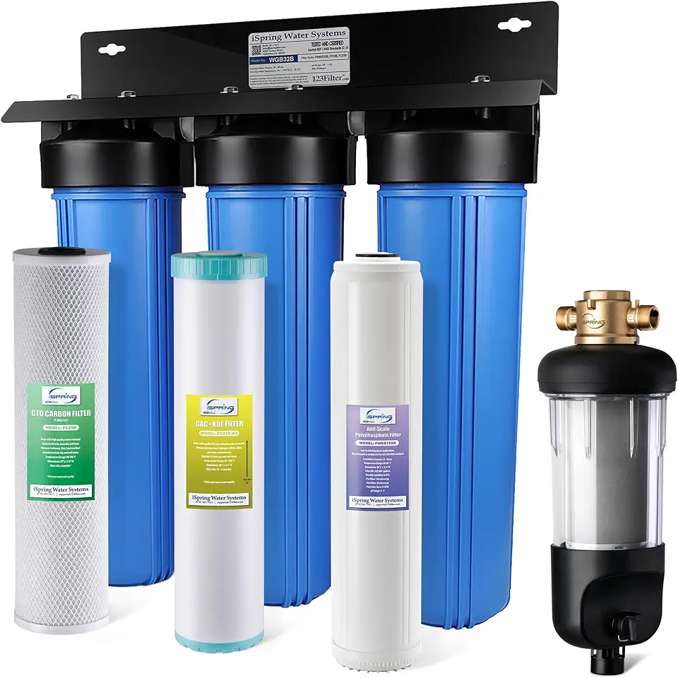iSpring Whole House Water Filter System w/Jumbo-Sized Spin Down Sediment Filter, Polyphosphate Anti-Scale, GAC+KDF, and Carbon Block Water Filters, Water Descaler and Filter, Model: WGB32B-KDS+WSP50J