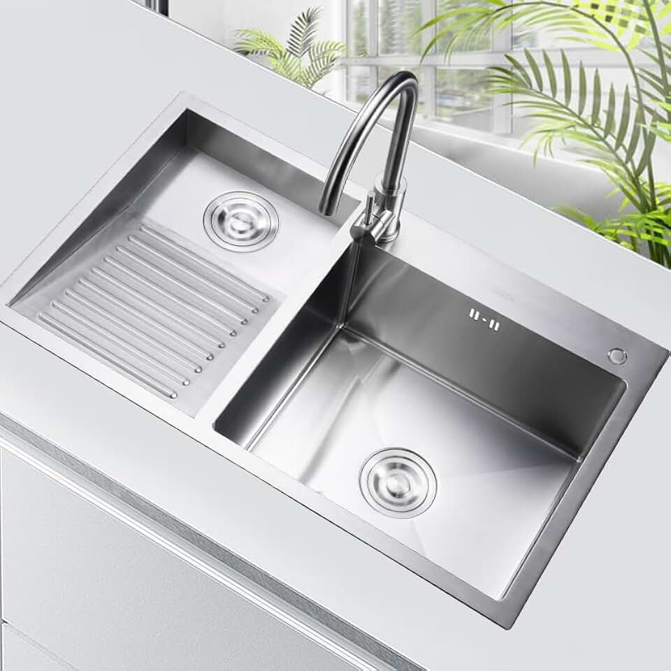 Laundry Utility Sink With Washboard Stainless Steel Kitchen Sink Household Pool Balcony Room Wash Basin Easy Clean Double-Bowl (with Faucet, 800mm/31.5Inch)