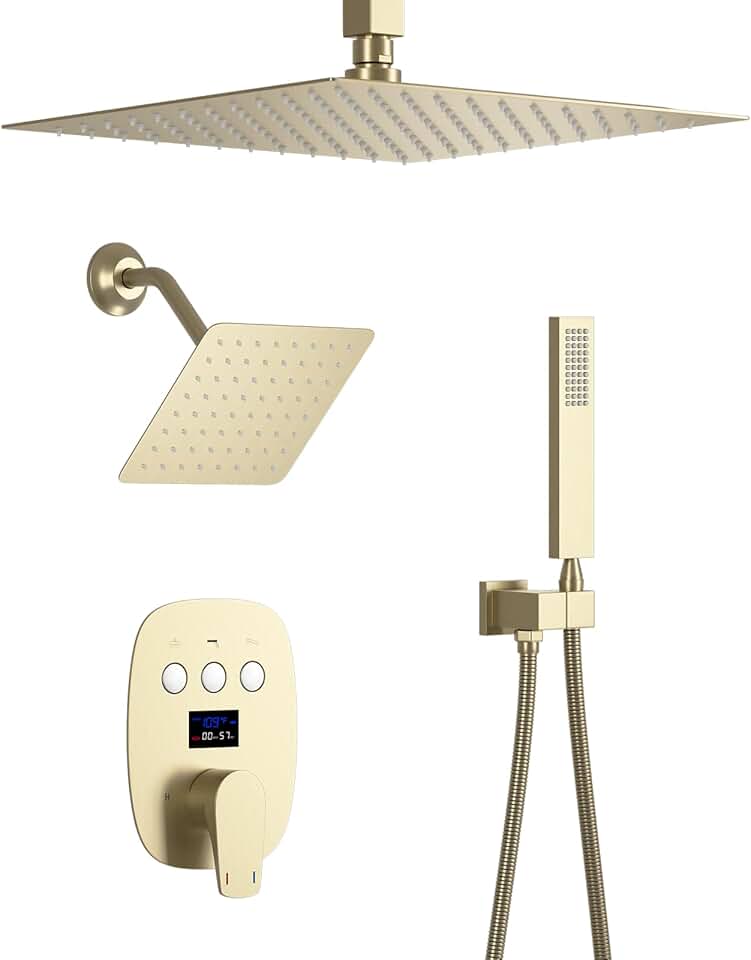 Shower Faucet Set Brushed Gold Dual Shower Heads System with Temperature Display Function, 12 & 8 inch Square Two Overhead Shower Head Combo Set, Handheld Spray(3 Modes Can Run At A Time)