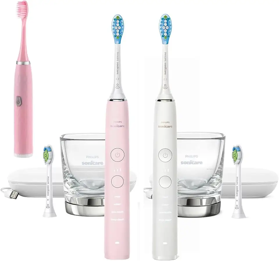 Sonicare DiamondClean 9000 Connected Rechargeable Electric Power Toothbrush, 2-Pack, Pink + White - Bluetooth, 3 Intensities, 2 Weeks Operating time, Charging Travel Case