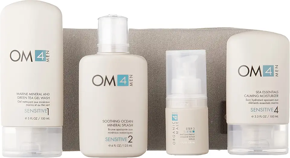 OM4 Sensitive 4-Step RegiMEN & Travel Bag - 4 ct Featuring full-sized Mens Cleanser, Toner, Serum, and Moisturizer