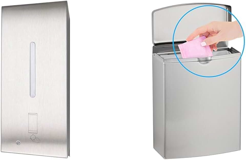 BOBRICK 2013 Stainless Steel Automatic Wall-Mounted Foam Soap Dispenser, Satin Finish & Sanitary Napkin Disposal Wall Mounted Stainless Steel Flip Top Receptacle for Public Restrooms