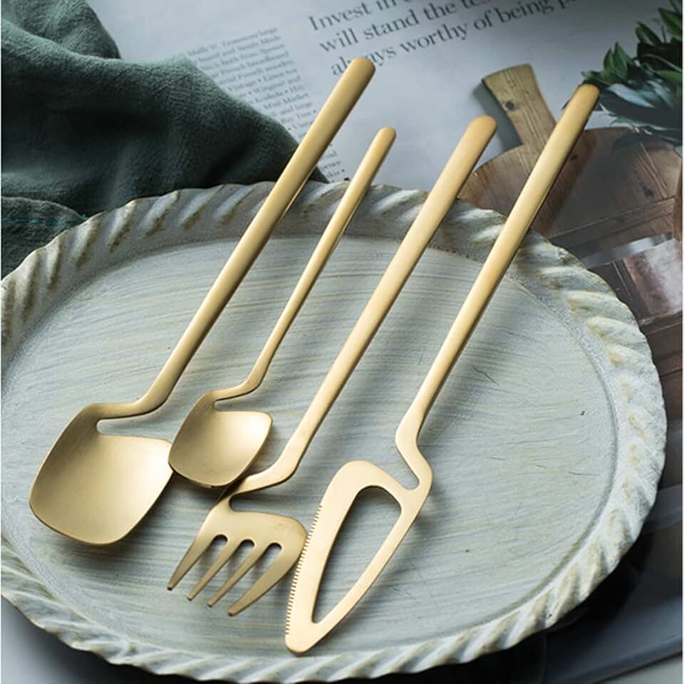 Luxury Matte Gold Silverware Set,48-Piece Premium 18/10 Stainless Steel Flatware Sets for 12,Unique Hangable cup Tableware Dinnerware Cutlery Utensil Set for Home Kitchen Restaurant Wedding