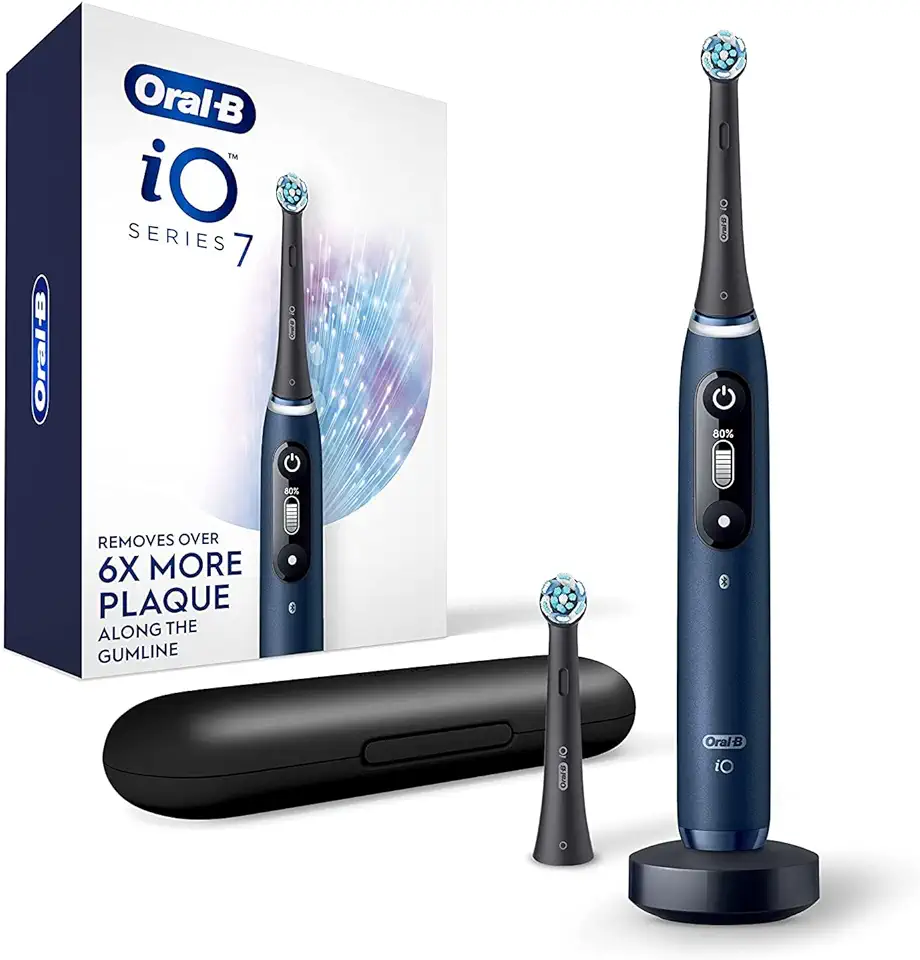 Oral-B iO Series 7G Rechargeable Electric Toothbrush with Visible Pressure Sensor to Protect Gums, 2 Min Timer, 5 Cleaning Settings, 2 Replacement Toothbrush Heads, and Travel Case, Blue