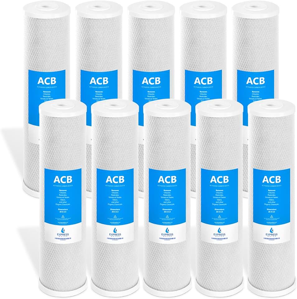 Express Water – 10 Pack Water Filter Activated Carbon Block Replacement Filter – ACB Large Capacity Water Filter – Whole House Filtration – 5 Micron Water Filter – 4.5” x 20” inch