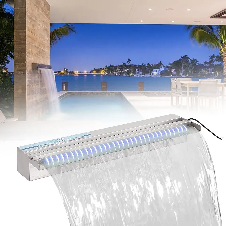 PONDO 24 Inch 316 Stainless Steel Spillway with 7-Color LED Light Bar, Salt Water Corrosion Resistant Lighted Waterfall Pool Fountain Designed for Seawater Use, Waterfall Spillway for Garden Outdoor