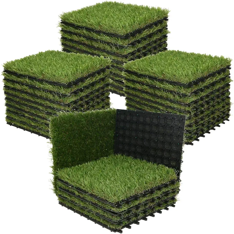 XLX TURF Artificial Grass Turf Tiles Interlocking Set 36 Pieces, Square Fake Grass Tiles Self-draining for Pet Indoor/Outdoor Flooring Decor, 12