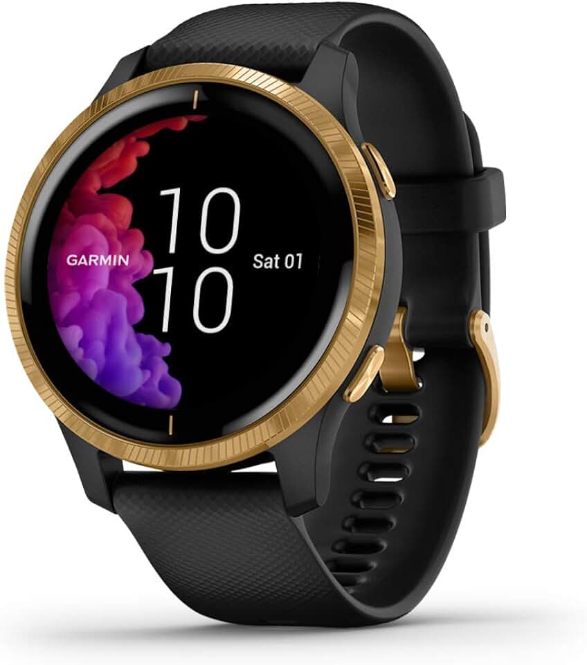 Garmin 010-02173-31 Venu, GPS Smartwatch, Bright Touchscreen Display, Features Music, Body Energy Monitoring, Animated Workouts, Pulse Ox Sensor and More, Gold with Black Band