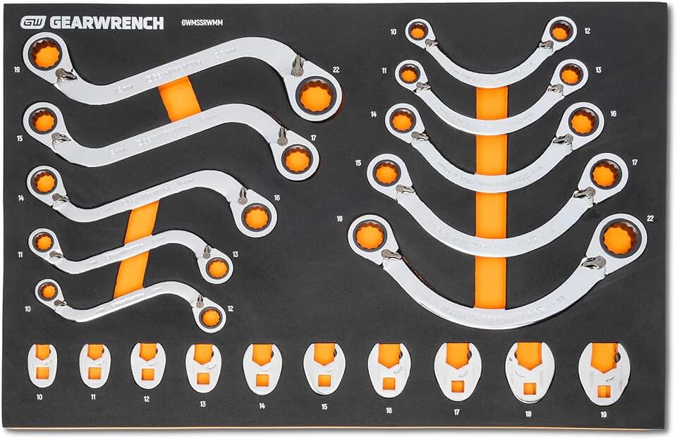 GEARWRENCH 20 Piece Specialty Ratcheting Metric Wrench Set in Foam Storage Tray - GWMSSRWMM