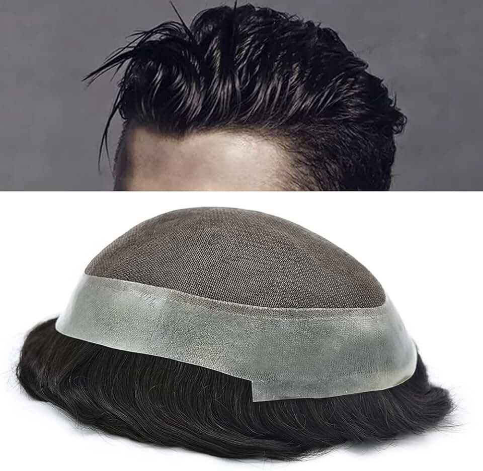 Hair System for Men Toupee Hair Piece Breathable Swiss Lace Toupee for Men Real Human Hair Replacement System Poly Skin Hair Pieces for Men 8x10 100% density 1B# OFF BLACK