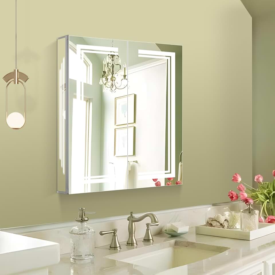 24×28inch Medicine Cabinet with Lights,Lighted Medicine Cabinet,3 Colors&Dimmable,Demister,Internal Light,USB Shaver Socket,Inner Door Lighting