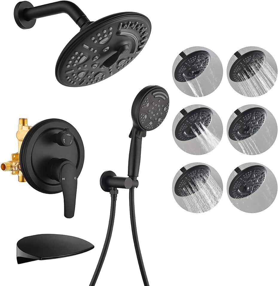 SHAMANDA Luxury Tub Shower Faucet Set with Round-in Valve, Wall Mounted Shower System with Waterfall Tub Spout and 6-Setting Rain Shower Head with 9-Setting Handheld, Matte Black, L8083-7