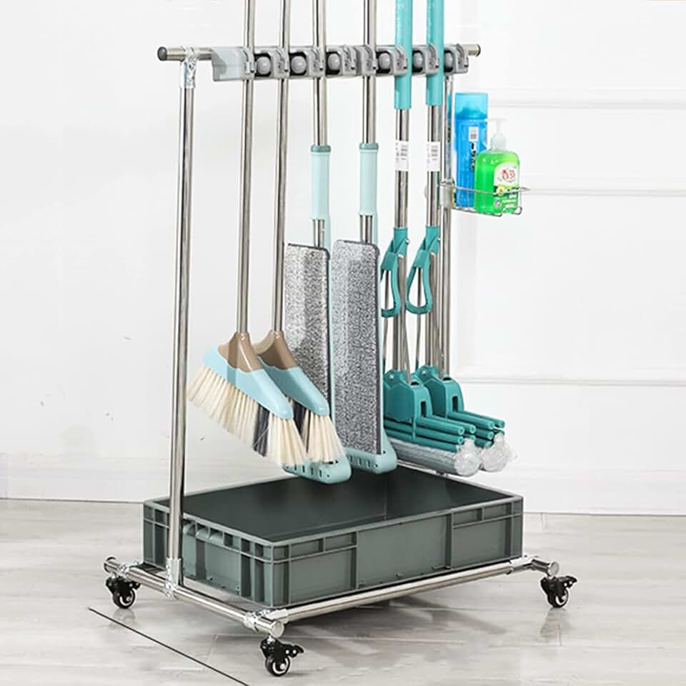 Broom and Mop Rack Can Be Moved,Movable Floor Standing Mop Broom Holder Cleaning Tool Cart,Cleaning Tool Cart,Wet Mop Drain Rack Garden Tool Hanger Shelf with Wheels, Hanging Broom Organizer