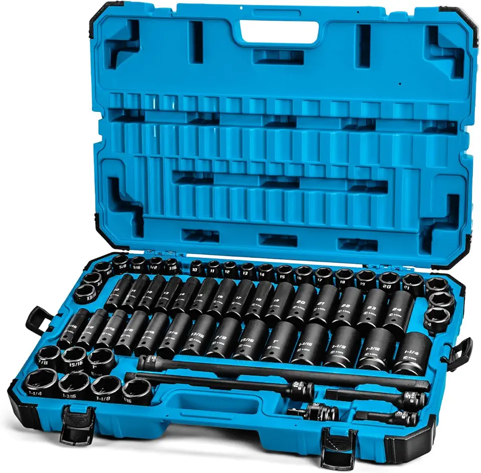 Capri Tools 1/2-Inch Drive Deep Impact Socket Set with Adapters and Extensions, Chrome Molybdenum, Master Set Metric and SAE, Manganese Phosphate, 63-Piece
