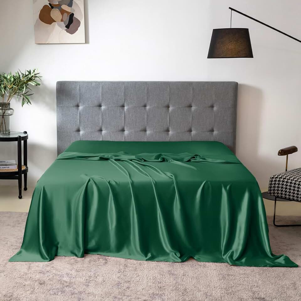 THXSILK Pure Silk Flat Sheet, 100% 7A+ Silk Bedding Flat Sheet, Ultra Soft, Breathable, Wrinkle - Free, Easy Care, 1 Flat Sheet Only, Emerald Green, Queen