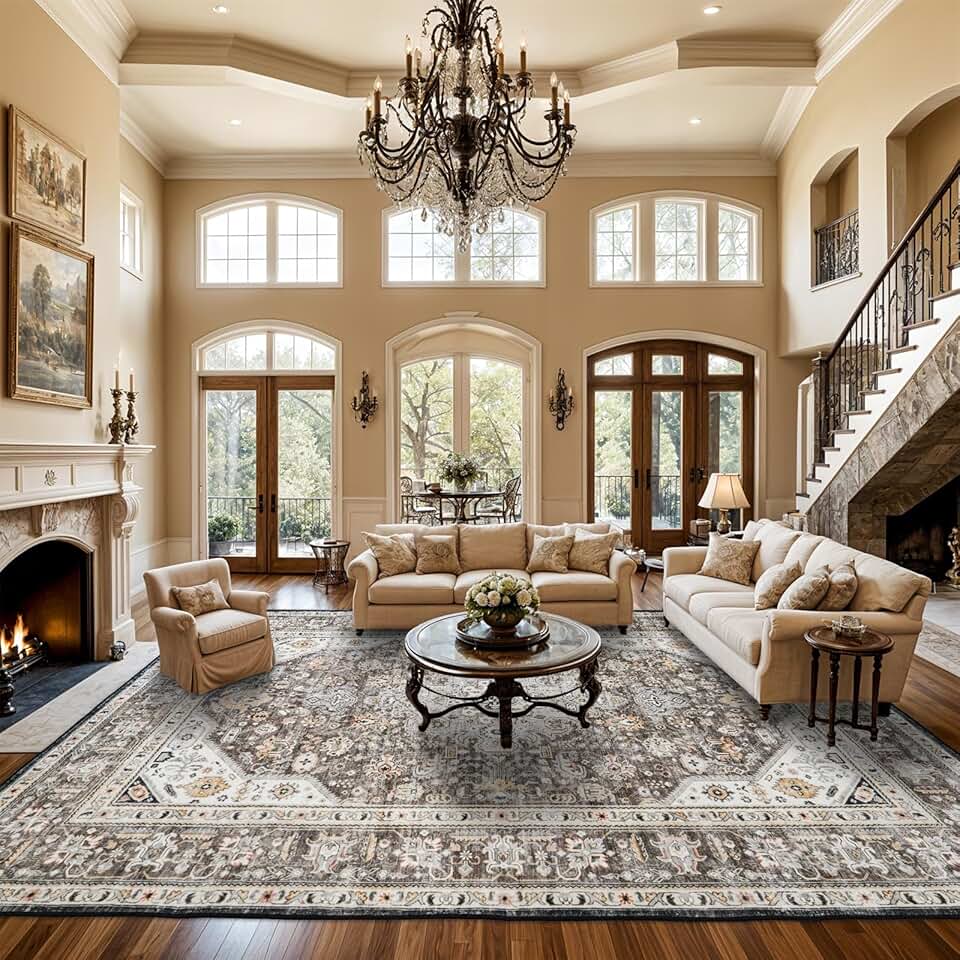 Living Room Area Rugs 10x14: Extra Large Area Rug Super Soft Distressed Oriental Rugs with Non-Slip Backing - Thin Stain Resistant Indoor Rug - 10x14 Brown