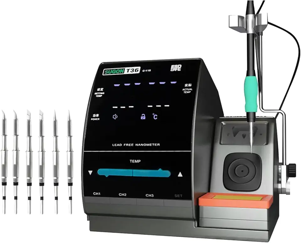 SUGON Soldering Station 2 Sec Heat Quickly, Equipped with 6 Soldering Iron Tips, 110V Solder Iron Station with Temperature Control 392-842℉,Soldering Iron Tips Replacement Stand
