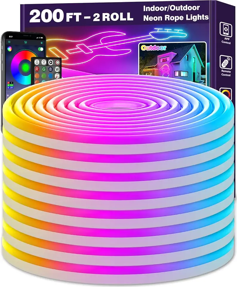 200Ft Neon Rope Lights,Flexible Led Rope Lights Control with App/Remote,Multiple Modes Rope Lights,IP65 Outdoor RGB Led Neon Lights Waterproof,Music Sync Gaming Led Neon Light Strip for Bedroom Decor