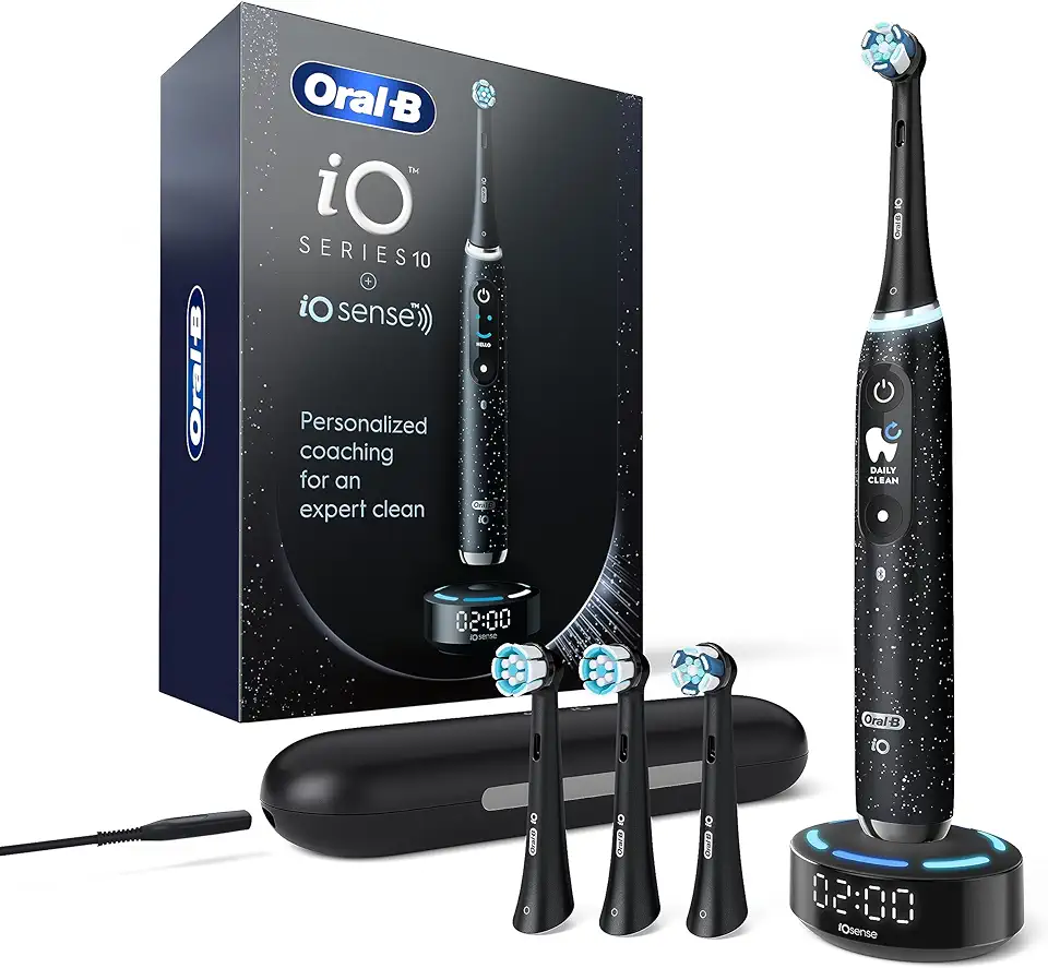 iO Series 10 Rechargeable Electric Toothbrush with Visible Pressure Sensor to Protect Gums, 2 Min Timer, 7 Cleaning Settings, 4 Replacement Toothbrush Heads, and Charging Travel Case, White