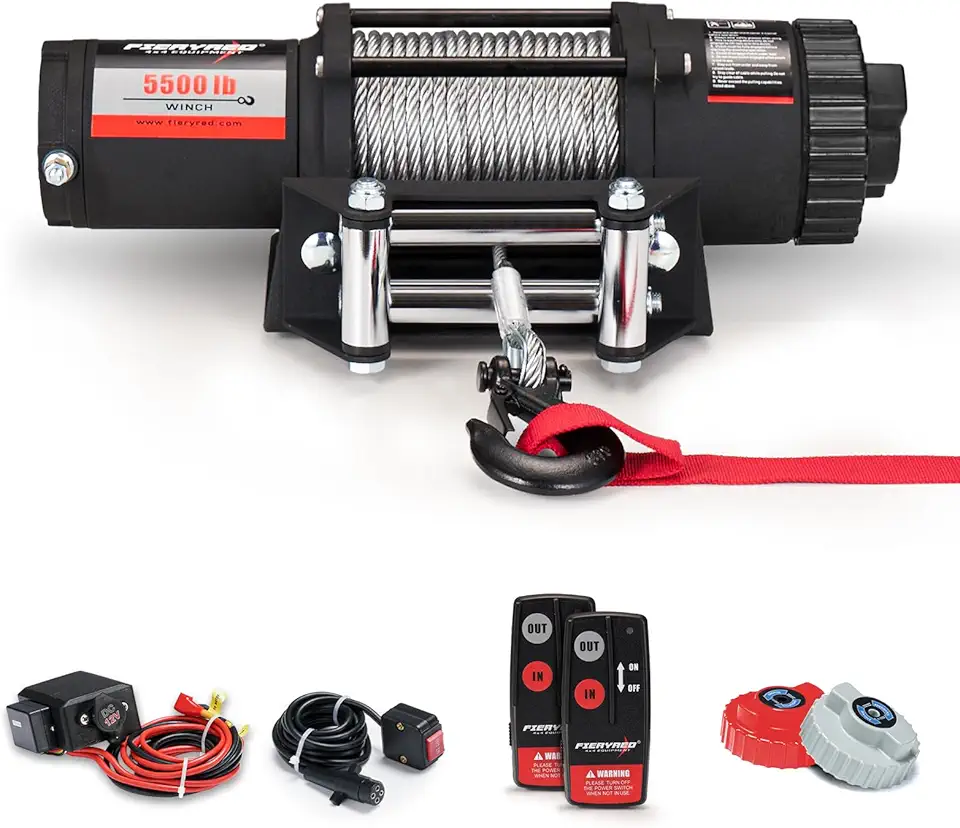 FieryRed ATV/UTV Winch- 12 V 5500LBS Electric Winch with Steel Cable, Wire and Wireless Remote Control, Roller Fairlead