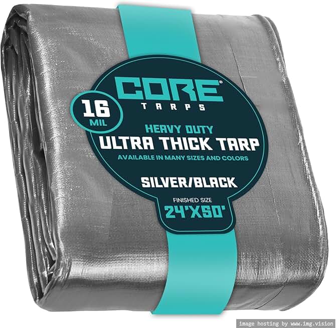 Core Tarps Extra Heavy Duty 16 Mil Tarp Cover, Waterproof, UV Resistant, Rip and Tear Proof, Poly Tarpaulin with Reinforced Edges for Roof, Camping, Patio, Pool, Boat (Silver/Black 24′ X 50′)