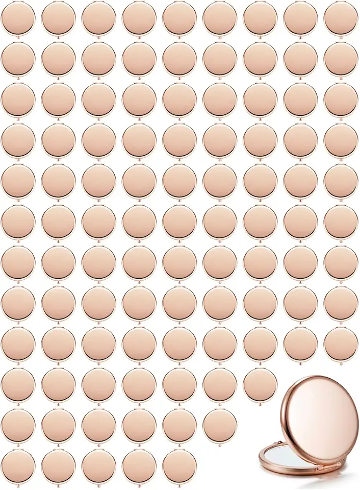 Compact Mirror for Purse, Set of 100 Double-Sided 1X/2X Magnifying Metal Pocket Makeup Mirrors(Round, Rose Gold)