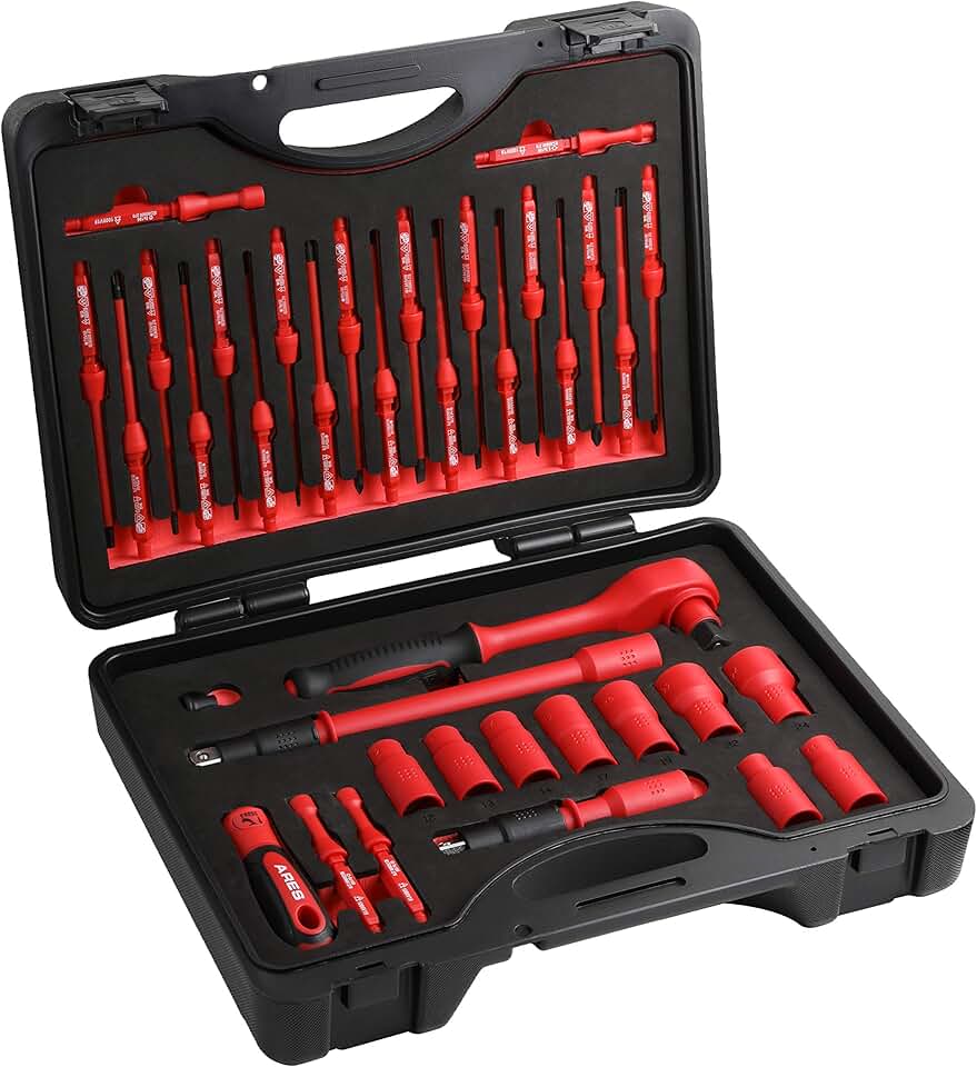 ARES 19004-37-Piece Insulated Electrical Tool Set - Ergonomic Handle with 19 Screwdriver Sizes and 4 Cabinet Keys - 1/2-Inch Drive Ratchet and Extensions - 9 Socket Sizes 10-24mm - Storage Case