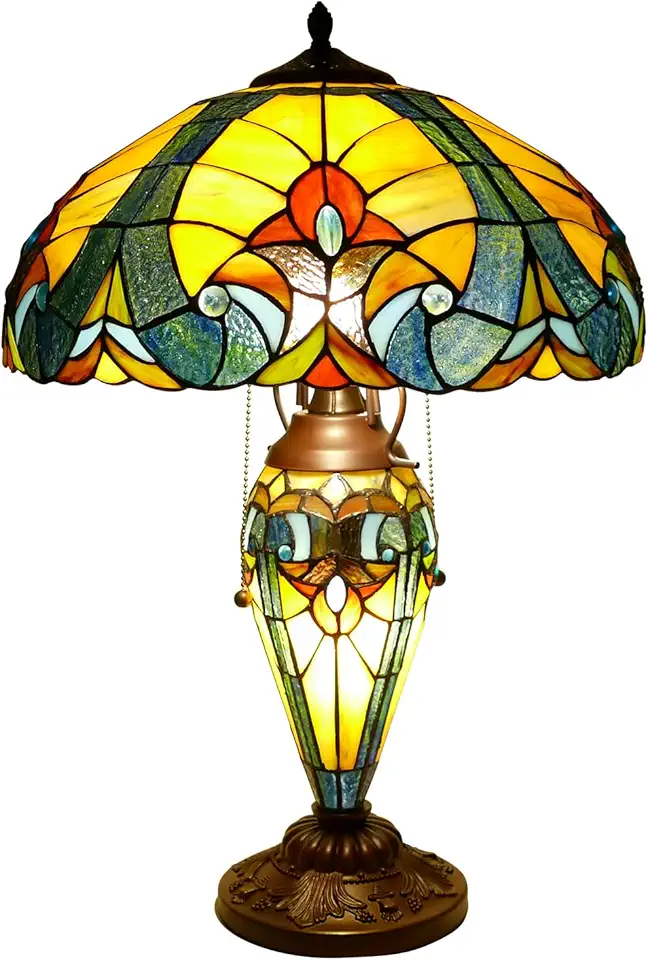Tiffany Lamp Blue Yellow Stained Glass Lamp Heart Style Table Lamp Mother-Daughter Style Table Lamp 16X16X24 Inch Antique Desk Light Decor for Bedroom Living Room Home Office