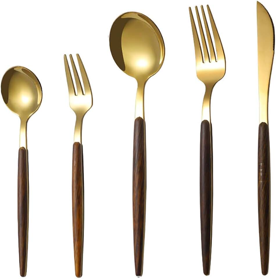 Gold Silverware Set for 8 Wood Golden 40-Piece Stainless Steel Mirror Polished Flatware Cutlery Set,Tableware Eating Utensils Set for Home Restaurant Wedding (Wooden Effect Handle)