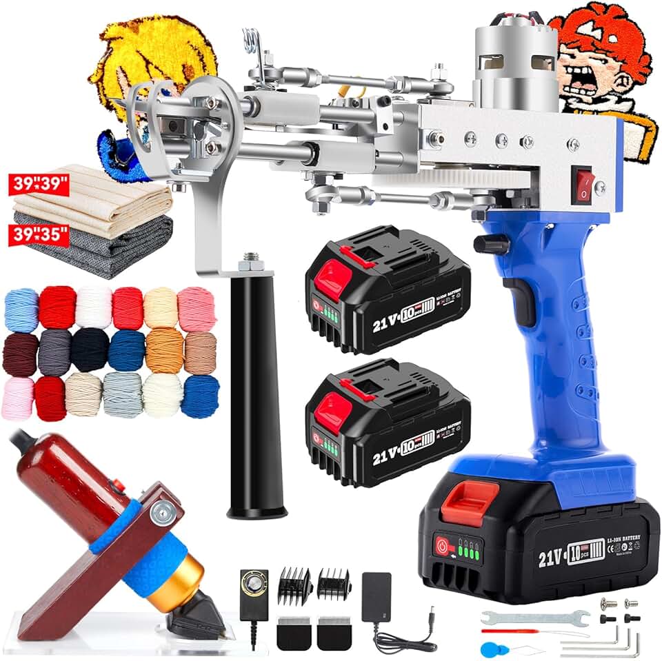Riiai Cordless Tufting Gun Starter Kit, Wireless Tufting Gun with Carpet Trimmer-Cut Pile & Loop Pile Rug Tufting Gun w/ 2×4.0Ah Battery -200W Sharp Carpet Trimmer for Outdoor Use
