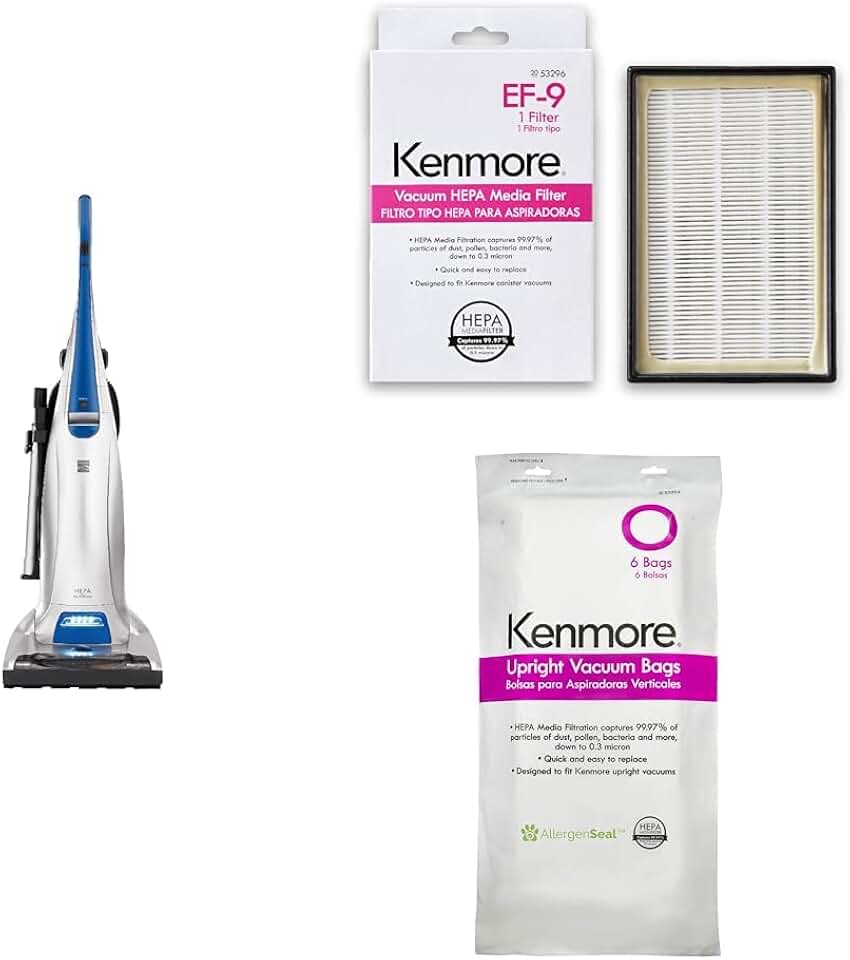 Kenmore Floorcare Upright Bagged Vacuum + Kenmore 53296 EF-9 Media Vacuum Cleaner Exhaust Filter + Kenmore 53294 Style O HEPA Cloth Vacuum Bags