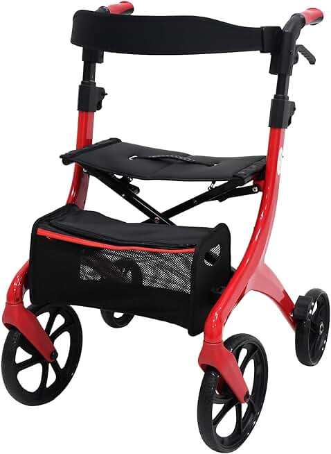 Foldable Rollator Walker,Lightweight Aluminum 4-Wheeled Walker with Seat and Locking Brake,No Assembly Required Folding Rolling Walker for Seniors, Red