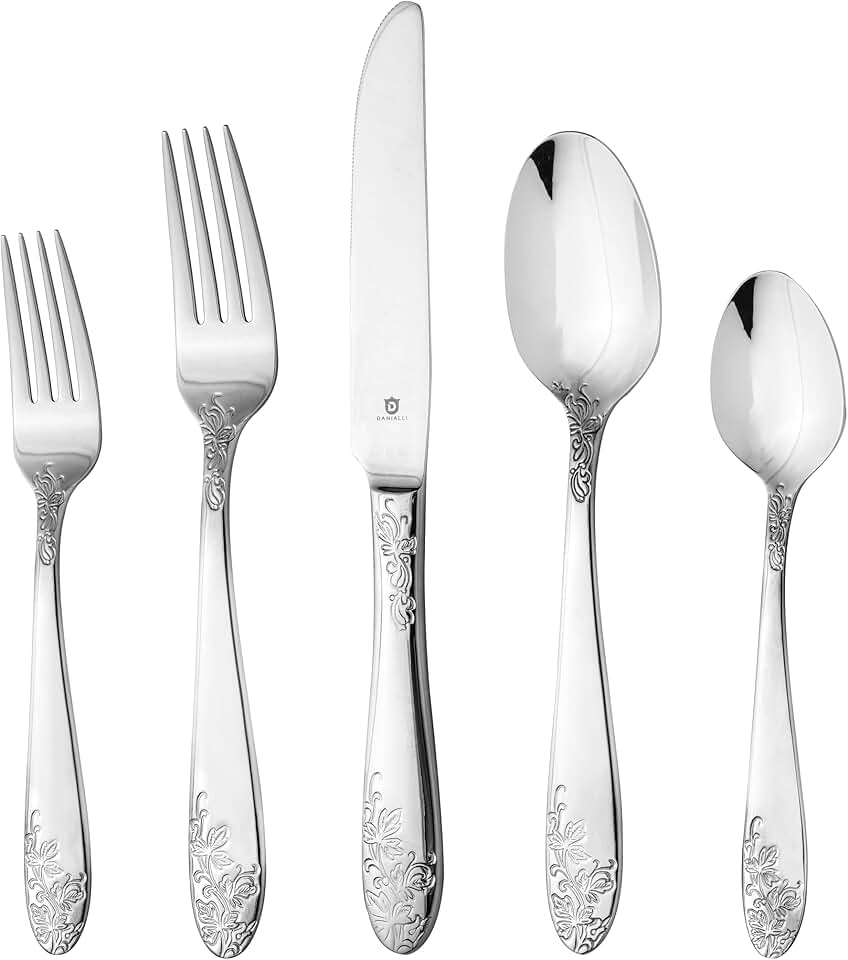 Danialli 80-Piece Floral 18/10 Stainless Steel Silverware Cutlery Set, Flatware Service for 16, Imperial Collection