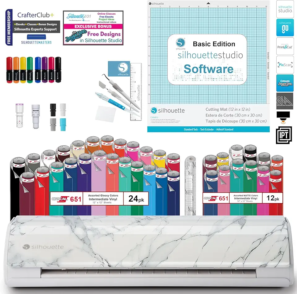 Silhouette Cameo 5 Vinyl Bundle- 36 Sheets of Vinyl, Vinyl Tool Kit, Premium Blade, Pens, and Cameo 5 Start Up Guide with Extra Designs (Marble)