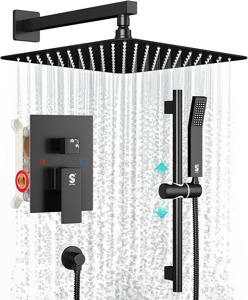 SR SUN RISE 12 Inch Slide Bar Shower Faucet Luxury High Pressure Shower Heads and Handheld Spray Combo Set Wall Mounted Shower System Included Valve and Trim Kit, Matte Black