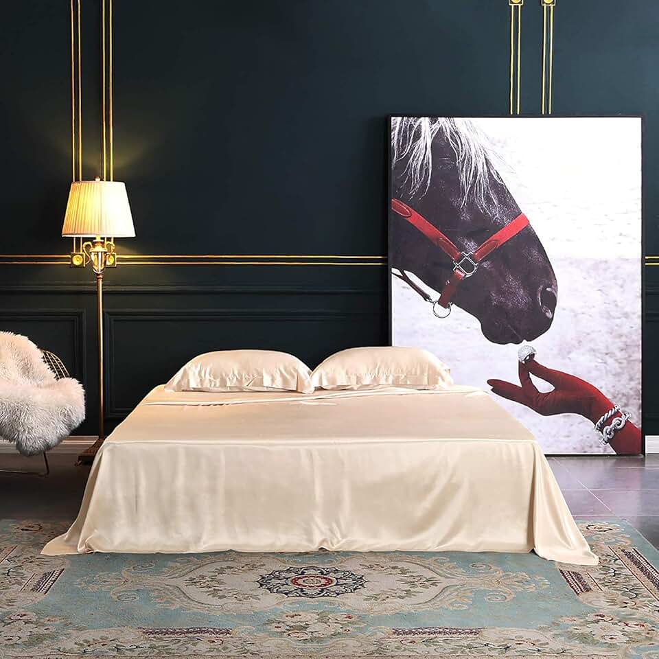 THXSILK 4pcs Silk Bed Sheets Set, 100% Long Stranded 25 Momme Mulberry Silk Bedding Set, Sheets and Pillowcase Set, Extremely Soft and Luxurious (Champagne, King)